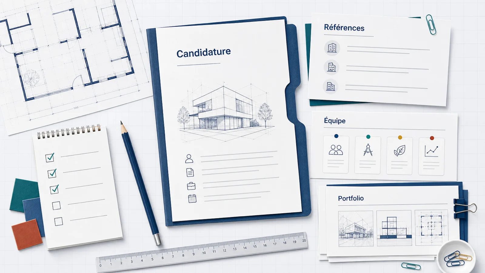 Dossier de candidature avec références, équipe et portfolio en architecture