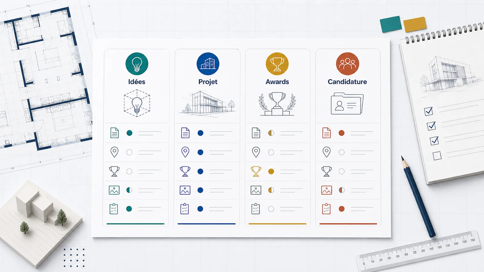 Tableau comparatif entre concours d’idées, concours de projet, awards et candidatures