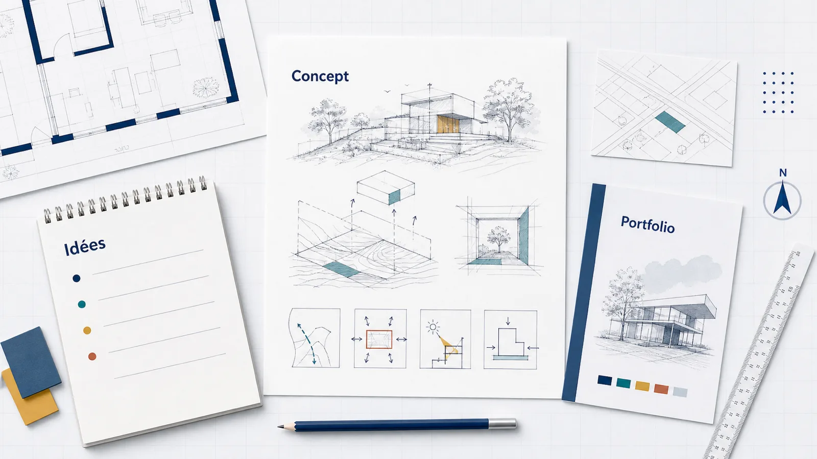 Plan, concept et portfolio pour expliquer un concours d’idées en architecture