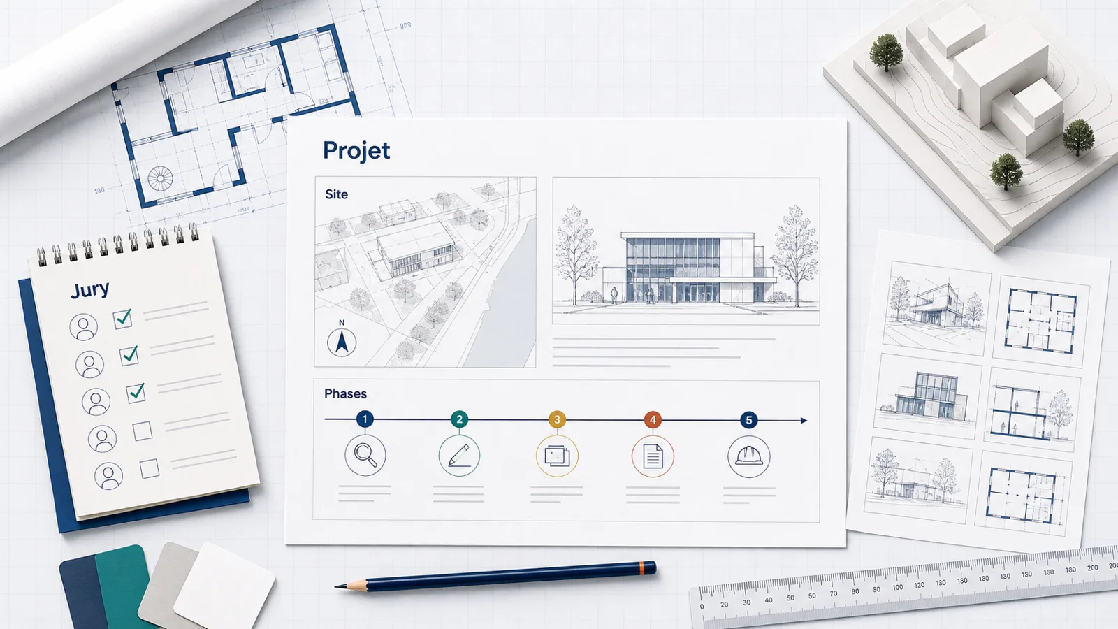 Site, jury et phases pour expliquer un concours de projet en architecture