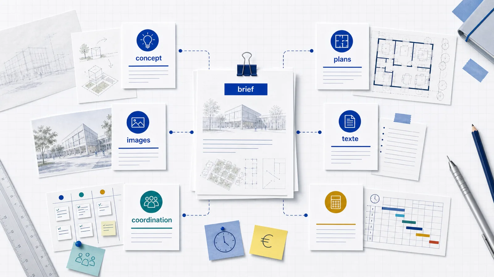 Cartes de rôles autour d’un brief de concours d’architecture avec concept, plans, images, texte et coordination