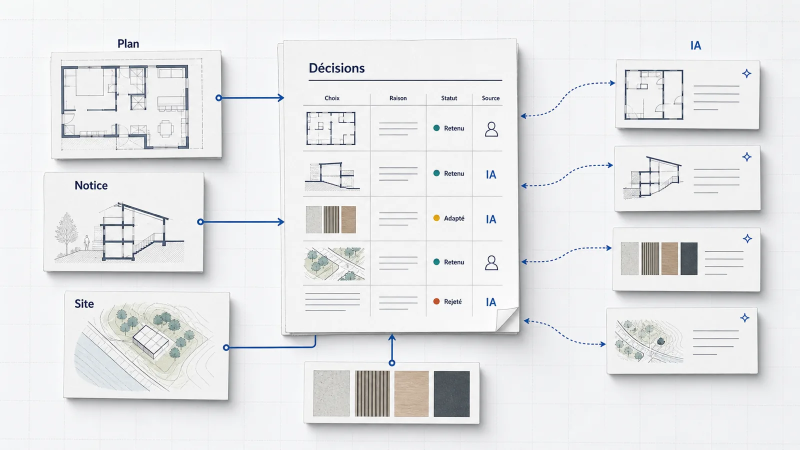 Journal de décisions reliant plans, site, notice et propositions IA dans un concours d’architecture