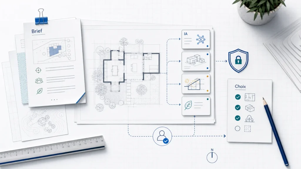 Bureau d’architecture avec brief, plan, cartes IA et checklist de décisions pour garder la maîtrise du projet