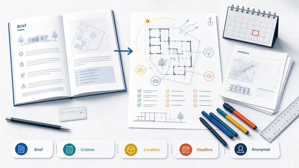 Brief de concours d’architecture annoté avec critères, livrables, deadline et anonymat