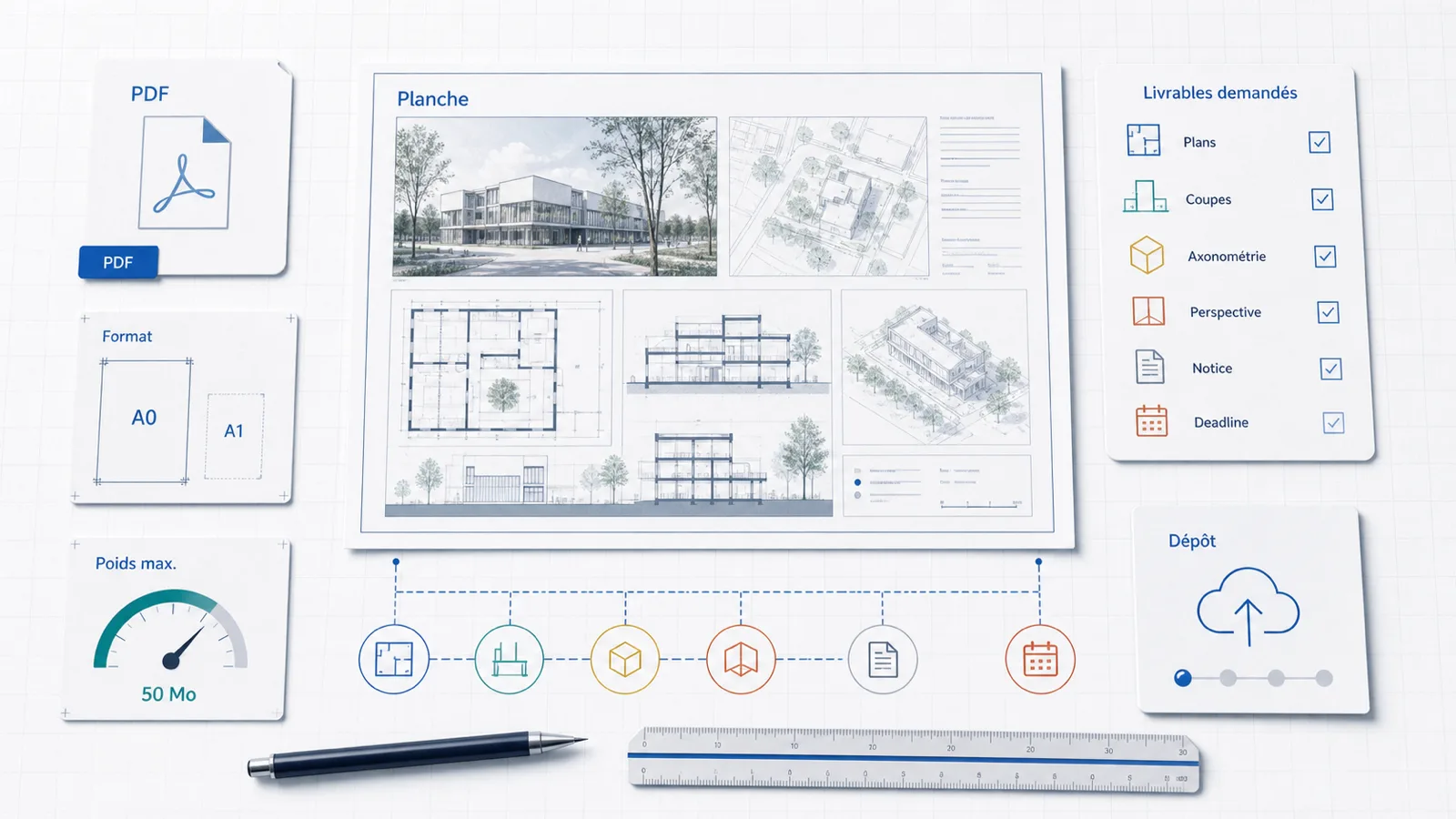 Planche, PDF, notice et dépôt pour vérifier les livrables d’un concours d’architecture