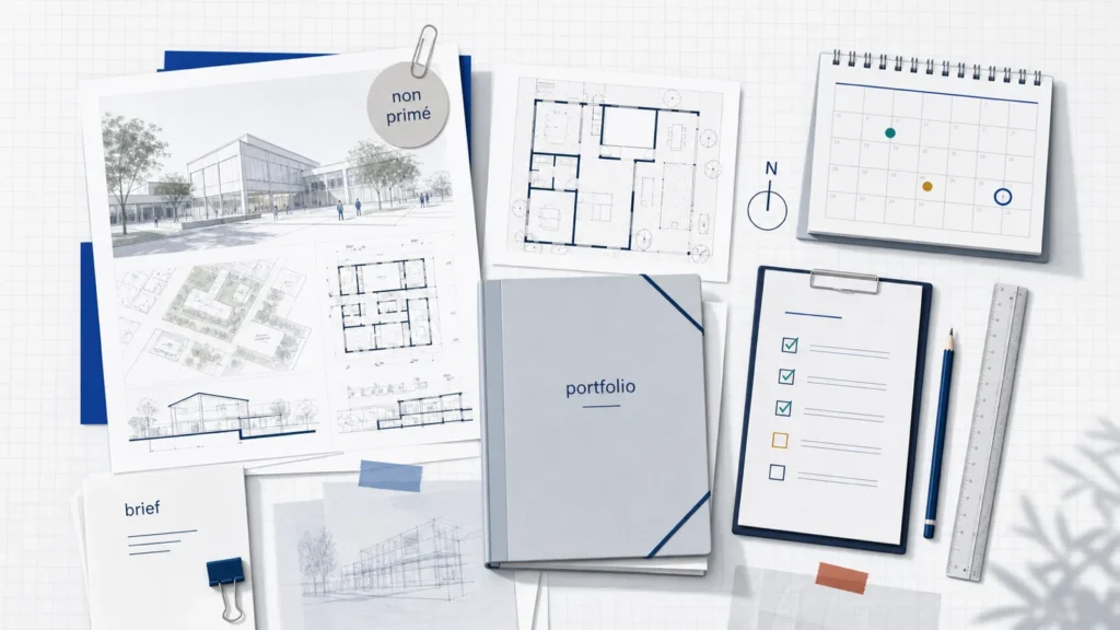 Projet de concours non primé transformé en dossier portfolio sur une table d’architecture