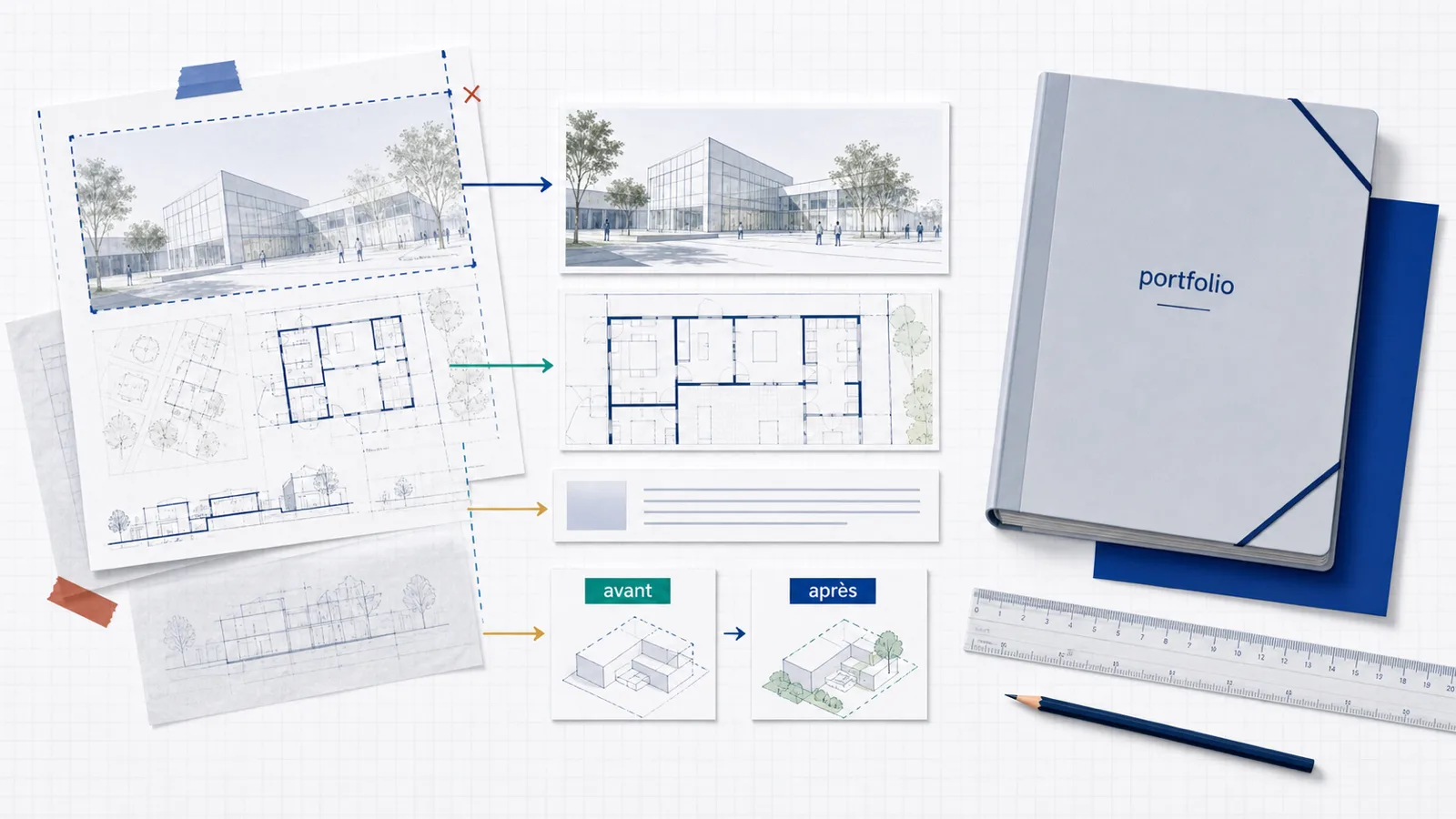 Planche de concours retravaillée en page de portfolio architectural