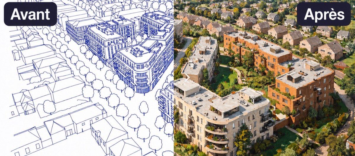 Avant / Après : croquis transformé en rendu photoréaliste avec Rendair.ai