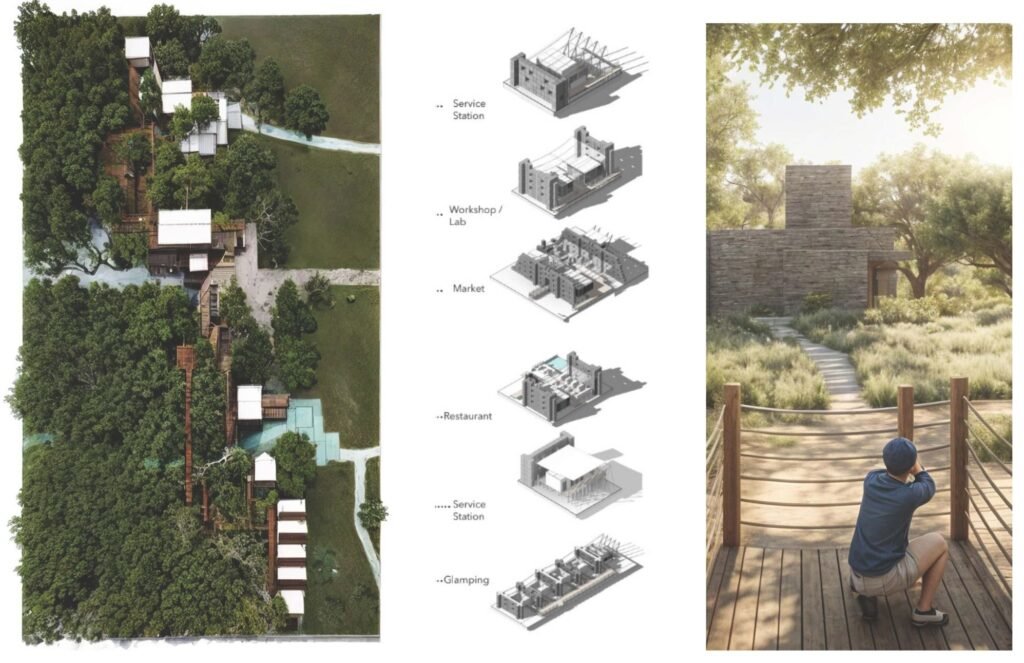 Seconde planche de présentation du projet TideFusion, détaillant l'architecture régénérative liée à la mangrove et aux enjeux de montée des eaux