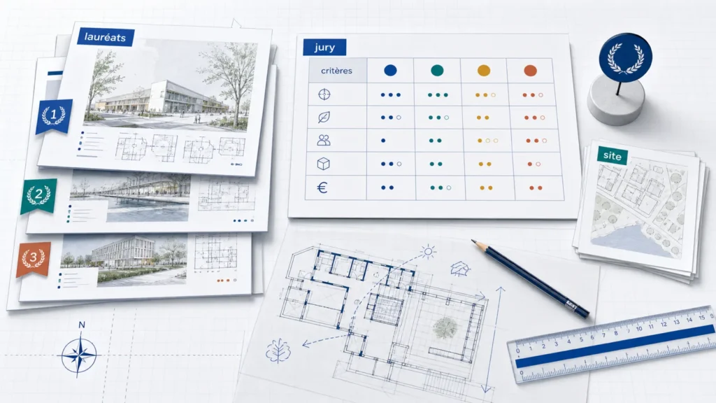 Bureau d’architecture avec projets lauréats, critères de jury et plan de site pour analyser les projets primés