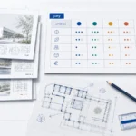 Bureau d’architecture avec projets lauréats, critères de jury et plan de site pour analyser les projets primés