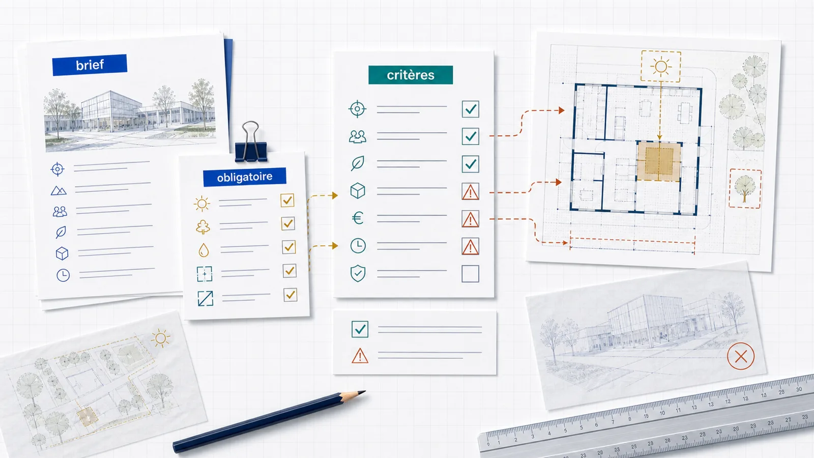 Brief, critères obligatoires et plan annoté pour analyser les erreurs de concours d’architecture