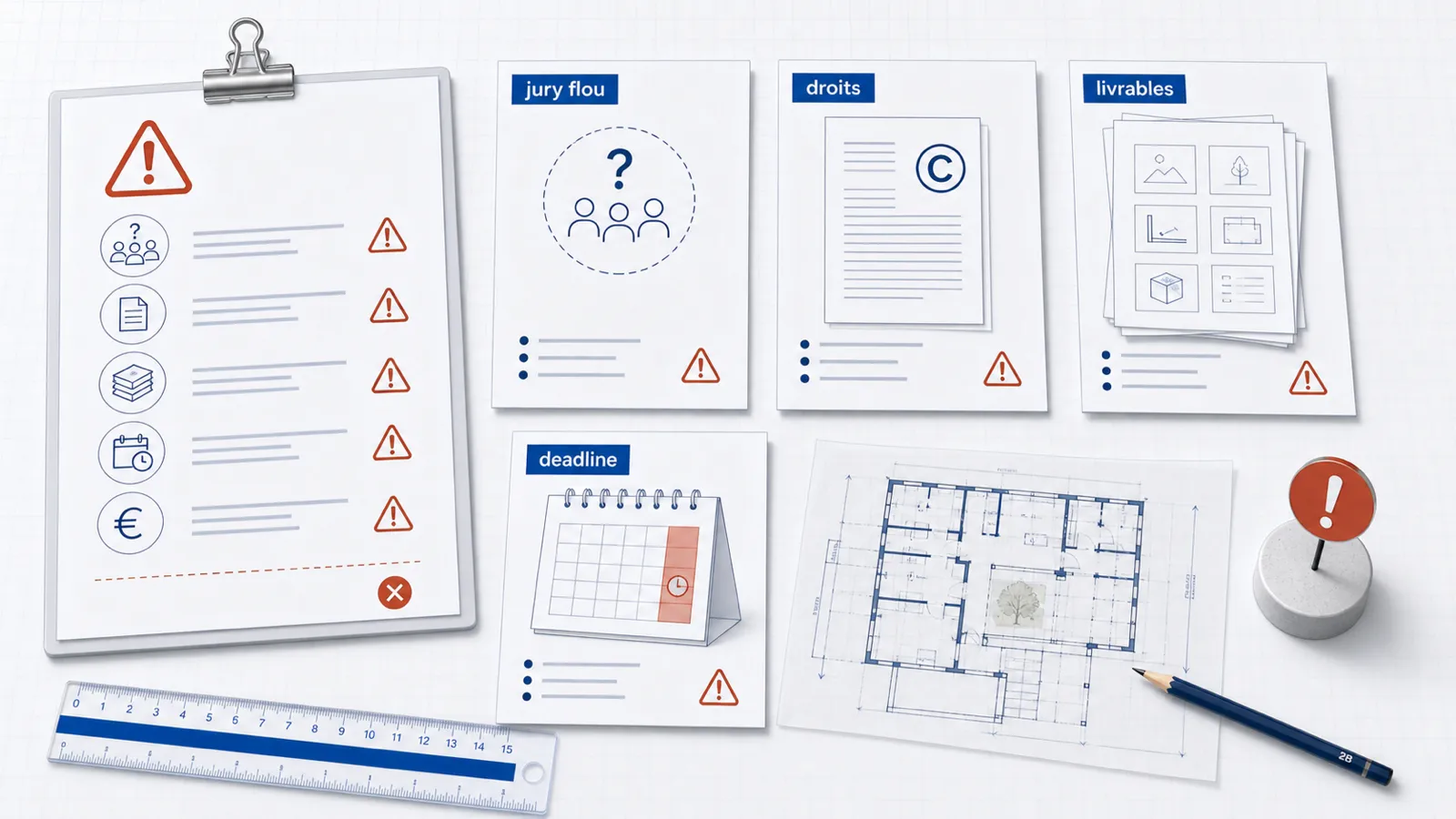 Checklist de signaux d’alerte avec jury flou, droits, livrables et deadline avant de payer un concours