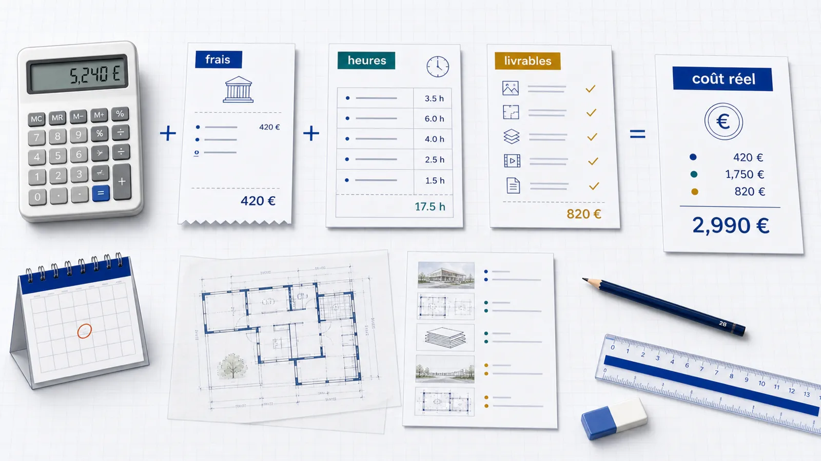 Calculatrice, frais, heures et livrables pour estimer le coût réel d’un concours d’architecture