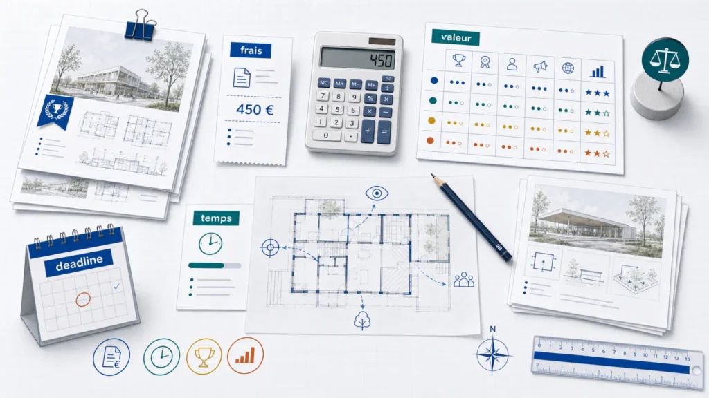Bureau d’architecture avec reçu de frais, calculatrice, deadline et matrice de valeur pour choisir un concours