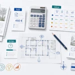 Bureau d’architecture avec reçu de frais, calculatrice, deadline et matrice de valeur pour choisir un concours