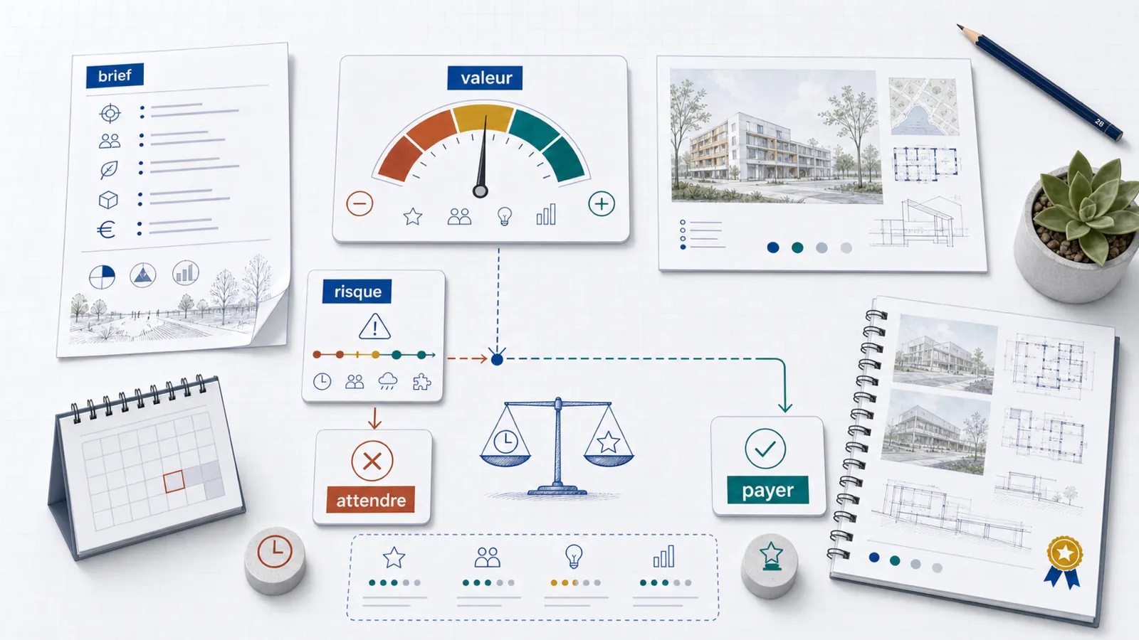 Jauge de valeur, risque, brief et décision payer ou attendre avant un concours d’architecture