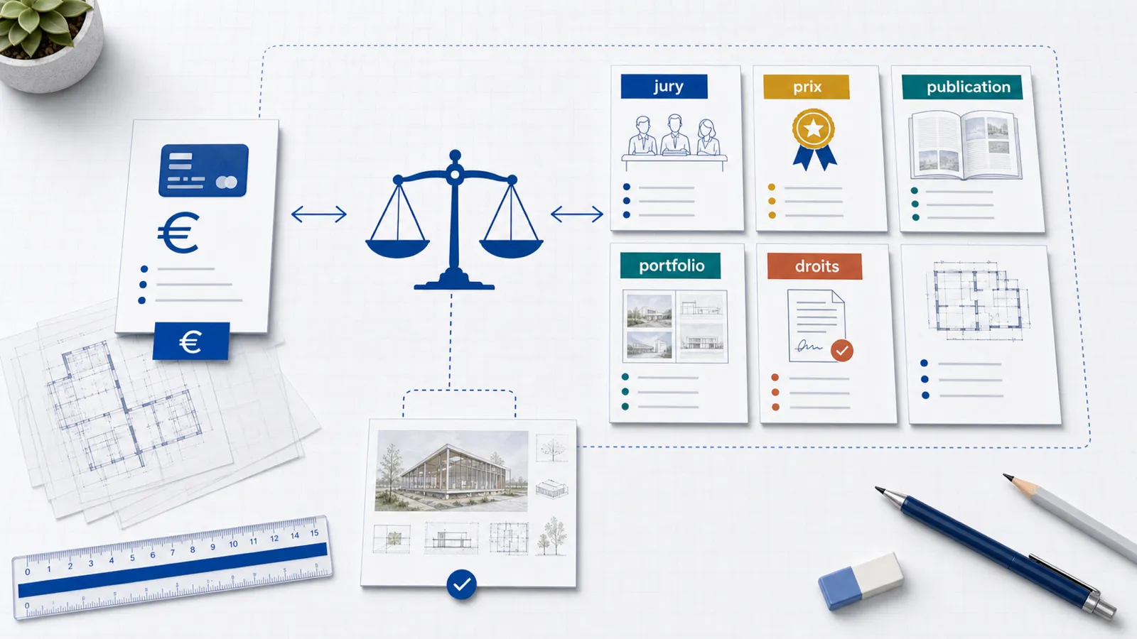 Balance entre frais d’inscription, jury, prix, publication, droits et portfolio dans un concours d’architecture