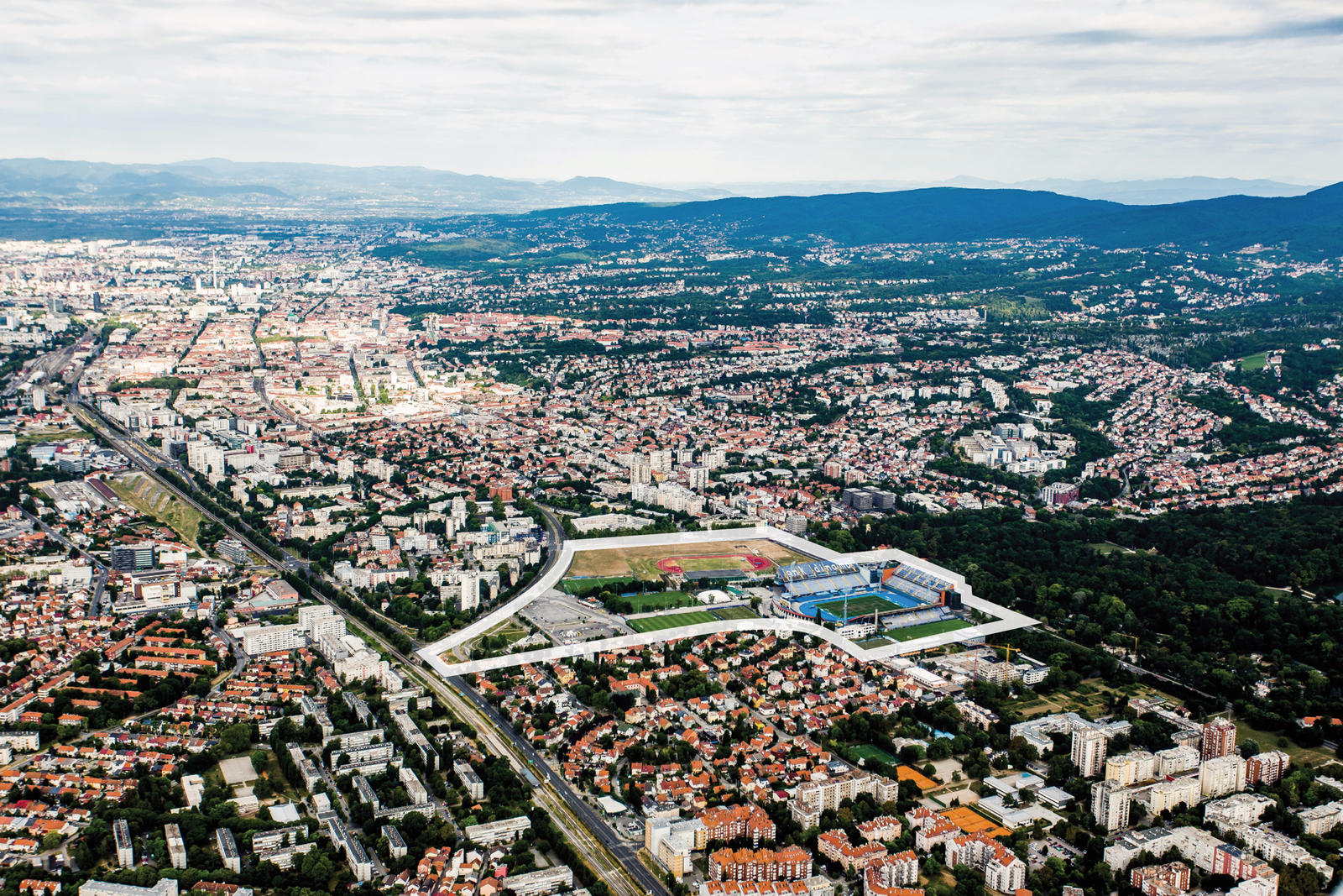 Vue aérienne du stade Maksimir et du centre sportif Svetice à Zagreb